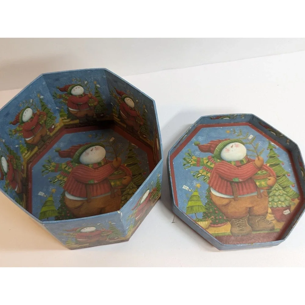 The‎ Lindy Bowman Company 3D Octogon Snowman Tree Christmas Box Vintage